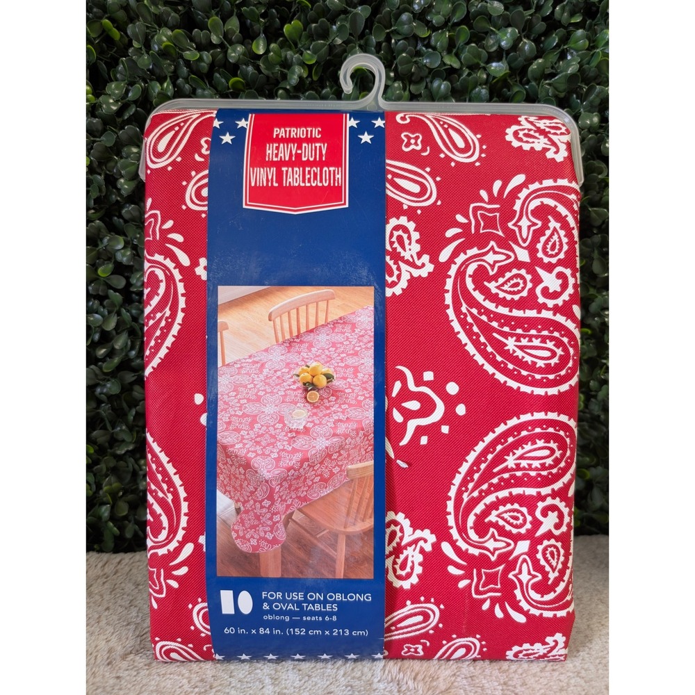 Patriotic Red Bandana Paisley Vinyl Tablecloth Oblong Oval 60x84 6-8 Seats